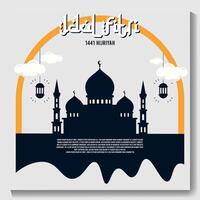 eid Mubarak Poster mit ein Halbmond Mond und ein Moschee eid Poster. vektor