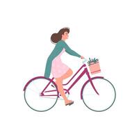 glücklich Frau im elegant Kleid Reiten Fahrrad mit Blume Korb eben Illustration vektor