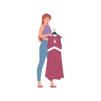 leende kvinna välja klänning på Lagra bärande på hänga för påfrestande platt illustration vektor