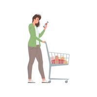 kvinna välja Produkter på matvaror mataffär gående med vagn platt illustration vektor