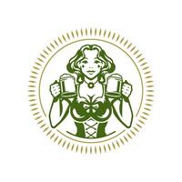 Heilige Patrick's Tag Schönheit irisch Frau mit Bier Kreis hell Rahmen Jahrgang Symbol Vektor eben