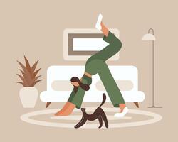 ein Frau tut Gymnastik, Yoga mit ein Katze im ein Zuhause Innere. Hobby und Freizeit Konzept. Illustration, Clip Art vektor