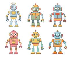 samling av tecknad serie tecken robotar och droider. förtjusande barns tecknad serie söt, söt rolig robotar, pastell färger. uppsättning vektor
