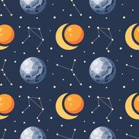 nahtlos Muster, Konstellationen, Planet und Solar- Finsternis Mond. Hintergrund zum Kinder, Scrapbooking, Kinder- Zimmer. vektor