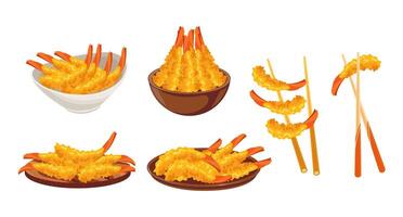 uppsättning av friterad räka eller tempura räka på ätpinnar och plattor isolerat på vit bakgrund. samling av cliparts. vektor