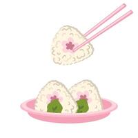sakura onigiri ris bollar med ätpinnar och tallrik. perfekt för klistermärken, affischer, meny och pappersvaror. hand dragen illustration för dekor och design. vektor