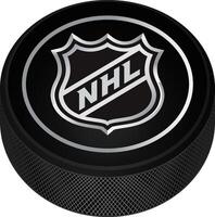 realistisch Eishockey Puck mit das Logo von das National Eishockey Liga vektor