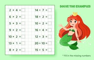 lösa de exempel. multiplikation och division upp till 20. matematisk pussel spel. kalkylblad för förskola ungar. illustration. tecknad serie pedagogisk spel med söt sjöjungfru för barn. vektor