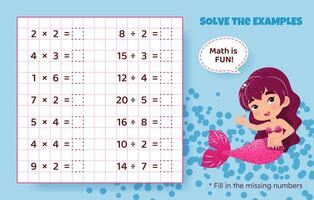lösa de exempel. multiplikation och division upp till 20. matematisk pussel spel. kalkylblad för förskola ungar. illustration. tecknad serie pedagogisk spel med söt sjöjungfru för barn. vektor