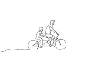 far son liten pojke ridning en cykel tillsammans nöje parkera utanför livsstil ett linje konst design vektor