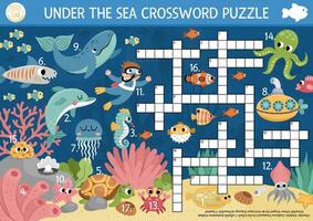 unter das Meer Kreuzworträtsel Puzzle zum Kinder. einfach Ozean Leben Quiz mit Marine Landschaft zum Kinder. lehrreich Aktivität mit Fisch, U-Boot, Wasser Tiere, Taucher. süß Kreuz Wort vektor