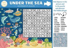 unter das Meer Wort Suche Puzzle zum Kinder. einfach Ozean Leben Wort Suche Quiz zum Kinder. Wasser Tiere und Fisch lehrreich Aktivität mit Krake, Taucher, U-Boot, Wal, Delfin vektor