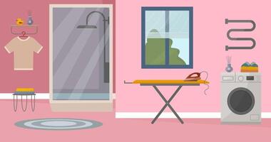 Badezimmer Innere, modern Badezimmer mit Dusche, Waschen Maschine, Bügeln Tafel und Fenster. Illustration im eben Stil. Innere Konzept. Zuhause und Innere Dekor. vektor