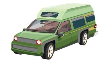 Karikatur oder Illustration von Perspektive Camping Auto Grün Farbe. können sehen Innere von Auto mit Konsole und Sitze. isoliert Weiß Hintergrund. vektor