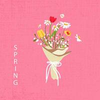 Wildblumen Strauß Papier Verpackung texturiert Rosa Hintergrund. Gänseblümchen, rot Gelb Tulpen, Gänseblümchen. Frühling Poster Platz Banner. Illustration vektor