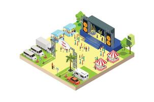 Musik- Festival Illustration Konzept 3d isometrisch Aussicht von Party Elemente, Wohnmobil Lieferwagen, Bus. Konzert Hintergrund und Bühne Landschaft. Musical Veranstaltung Illustration vektor