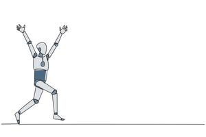 Single einer Linie Zeichnung Roboter Laufen zu feiern das Erfolg von Geschäft. mögen ein Fußball Spieler Wer Partituren Ziel, tun feiert. Erfolg. ai Technik. kontinuierlich Linie Design Grafik Illustration vektor