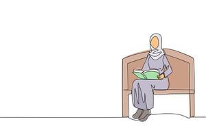 kontinuierlich einer Linie Zeichnung arabisch Frau Sitzung lesen auf Stuhl im Universität Park. bereiten zum das Finale Prüfungen mit ernst Lektüre. Buch Festival Konzept. Single Linie Design Illustration vektor
