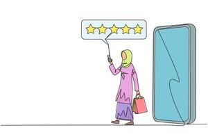 enda ett linje teckning arab kvinna kommer ut av stor smartphone bära handla väska, de Övrig hand skriver smartphone. uppkopplad handla begrepp. e-handel. kontinuerlig linje design grafisk illustration vektor