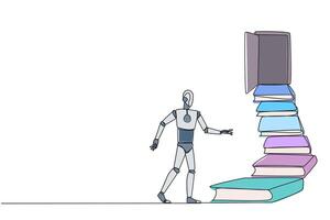 kontinuerlig ett linje teckning robot klättra trappa från de bok stack. mot de bred öppen dörr. liknelse av upptäckt de svar från böcker. bok festival. enda linje dra design illustration vektor