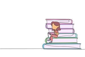 Single einer Linie Zeichnung glücklich Mädchen Sitzung auf ein Stapel von Bücher lesen ein Buch. hoch Interesse im Lektüre. Öffnung Horizonte von Denken. Buch Festival Konzept. kontinuierlich Linie Design Grafik Illustration vektor