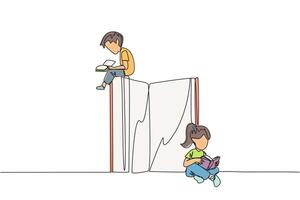 kontinuierlich einer Linie Zeichnung Kinder sitzen lesen Bücher während das groß Buch ist offen. ernst und Fokus Lernen erhöht sich Einblick. Buch Festival Konzept. Single Linie zeichnen Design Illustration vektor