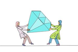 enda ett linje teckning två självisk arab affärskvinna stridande över diamant. bekämpa över diamant gruvor den där göra vinst lyft för entreprenör. konflikt. kontinuerlig linje design grafisk illustration vektor