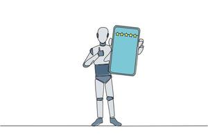 Single kontinuierlich Linie Zeichnung Roboter Stehen halten Smartphone zeigen Bildschirm zu das Vorderseite. geben Bewertung von 5 Sterne zu online Verkäufer. zufrieden Kunde. Zukunft Technologie. einer Linie Design vektor