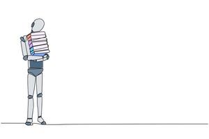 Single kontinuierlich Linie Zeichnung Roboter Stehen Umarmung etwas Bücher. Liebling Buch Das Fertig Lektüre. etwas Bücher werden Sein gespendet zu National Bibliothek. Wohltätigkeit. Wissen. einer Linie Design Illustration vektor