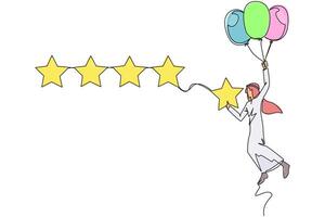 kontinuierlich einer Linie Zeichnung jung arabisch Mann fliegend mit Ballon tragen 1 Star und will zu ausrichten es mit das andere 4 Sterne. versuchen zu geben perfekt Bewertung. Single Linie zeichnen Design Illustration vektor