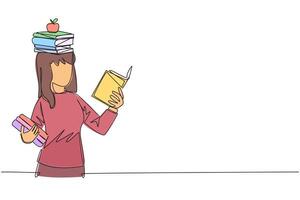 enda ett linje teckning kvinna läsning bok praktiserande balans. stack böcker på topp av huvud längs med de äpple. balansering läsning rytm, tåg fokus. kärlek läsa. kontinuerlig linje grafisk illustration vektor