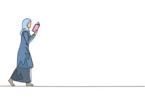 kontinuerlig ett linje teckning arab kvinna gående läsning bok. gest av memorerande något från en bok. läsa var som helst. Beroende till läsning. bok festival. enda linje dra design illustration vektor