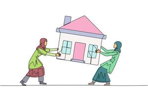 enda ett linje teckning två emotionell arab affärskvinna stridande över miniatyr- hus. begrepp av stridande för lyxig hus den där de verkligen vilja. kontinuerlig linje design grafisk illustration vektor