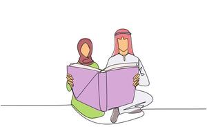 enda kontinuerlig linje teckning arab man kvinna Sammanträde läsning stående bok. entusiasm aldrig går bort. Lycklig när läsning berättelse bok. bok festival begrepp. ett linje design illustration vektor