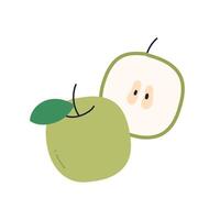 färsk äpple och löv, naturlig organisk mellanmål, friska vitamin mat, hela mogen frukt med stam, naturlig mogen äter mat, trädgård frukt platt illustration. vektor