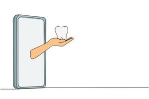 kontinuerlig ett linje teckning hand kommer ut från mitten av smartphone innehar molarer. uppkopplad tandläkare Ansökan. samråd från smartphone. dental hälsa. enda linje dra design illustration vektor