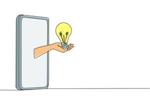 enda ett linje teckning de hand kommer ut från de mitten av de smartphone innehav de glödlampa. aning för utvecklande uppkopplad uppköp försäljning Ansökan. kontinuerlig linje design grafisk illustration vektor