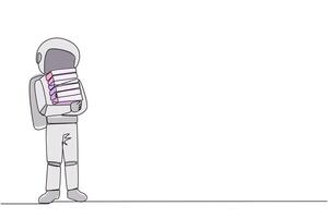 enda ett linje teckning astronaut stående kram några böcker. favorit bok den där Avsluta läsning. några böcker kommer vara donerat till nationell bibliotek. välgörenhet. kunskap. kontinuerlig linje grafisk illustration vektor