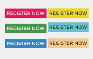 Buntes Jetzt registrieren Text Web-Button-Set von Jetzt registrieren Zeichen-Symbol für Website vektor