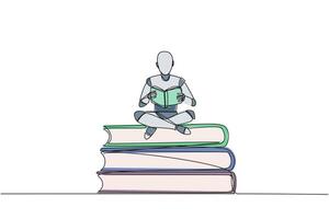 kontinuierlich einer Linie Zeichnung Roboter Sitzung mit gekreuzten Beinen auf Stapel von groß Bücher. lesen Comic. lesen Lehrbuch. lesen wissenschaftlich Tagebuch. lesen erhöhen, ansteigen Einblick. Single Linie zeichnen Design Illustration vektor