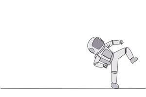 kontinuerlig ett linje teckning ung astronaut håller på med taekwondo rörelser. sparkar rörelse. stark ben. förvaring företag med sport. ha kvar friska stanna kvar stark. enda linje dra design illustration vektor