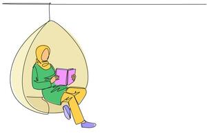 Single kontinuierlich Linie Zeichnung arabisch Frau Sitzung entspannen im hängend Stuhl lesen ein Buch. Ausgaben das Wochenende lesen das Liebling Fiktion Geschichte Buch. Liebe Lektüre. einer Linie Design Illustration vektor