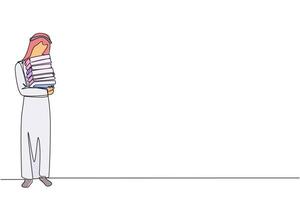 kontinuierlich einer Linie Zeichnung arabisch Mann Stehen umarmen etwas Bücher. Liebling Buch Das Fertig Lektüre. etwas Bücher werden Sein gespendet zu National Bibliothek. Wohltätigkeit. Wissen. Single Linie zeichnen Design vektor