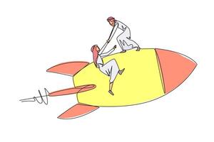 kontinuierlich einer Linie Zeichnung arabisch Geschäftsmann hilft Kollege steigen fliegend Rakete. Metapher Hilfe im Verwaltung Unternehmen Geäst. in die Höhe geschossen mögen das Bisherige Geschäft. Single Linie Illustration vektor