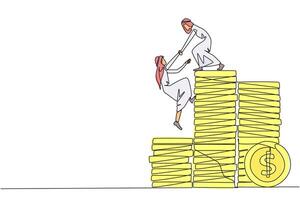 Single kontinuierlich Linie Zeichnung arabisch Geschäftsmann hilft Kollege steigen Stapel von Münzen. Metaphern Hilfe leisten finanziell Ziele Vor eintreten Ruhestand. Zusammenarbeit. einer Linie Design Illustration vektor