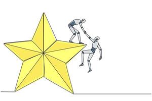 kontinuierlich einer Linie Zeichnung Clever Roboter hilft Kollege steigen groß Stern. Metapher von erreichen Träume von Erfolg zusammen. haben ein sehr gut Werdegang Position. Single Linie zeichnen Design Illustration vektor