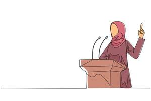 enda kontinuerlig linje teckning ung arab affärskvinna tala på de podium medan lyft index finger upp. hon tillverkad en gynnsam påstående för de företag. ett linje design illustration vektor