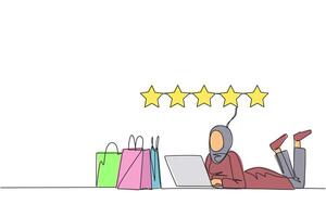 Single kontinuierlich Linie Zeichnung jung arabisch Frau auf Bauch während Tippen auf Laptop. Nächster zu das Laptop ist ein Einkaufen Tasche. geben das Beste Rezension mit Vergnügen. einer Linie Design Illustration vektor