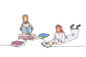 kontinuerlig ett linje teckning arab man kvinna verkligen gillar läsning. varje dag ett bok är läsa. Bra vana. där är Nej dag utan läsning bok. bok festival begrepp. enda linje dra design vektor