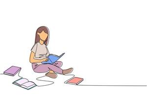 Single einer Linie Zeichnung Frau Sitzung entspannt im ein Bibliothek lesen ein Menge von Bücher. suchen zum Antworten zu Zuordnungen. Hobby Lektüre. Buch Festival Konzept. kontinuierlich Linie Design Grafik Illustration vektor